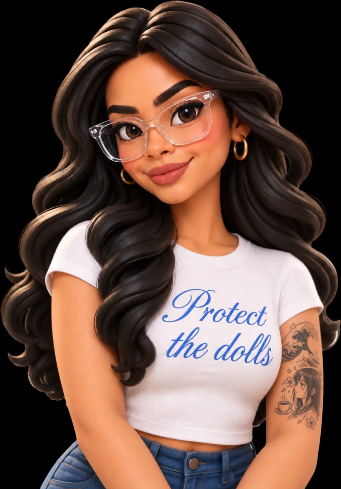 A 3D cartoon of Emcy with long dark wavy hair and clear glasses, wearing a white tee that says Protect the dolls