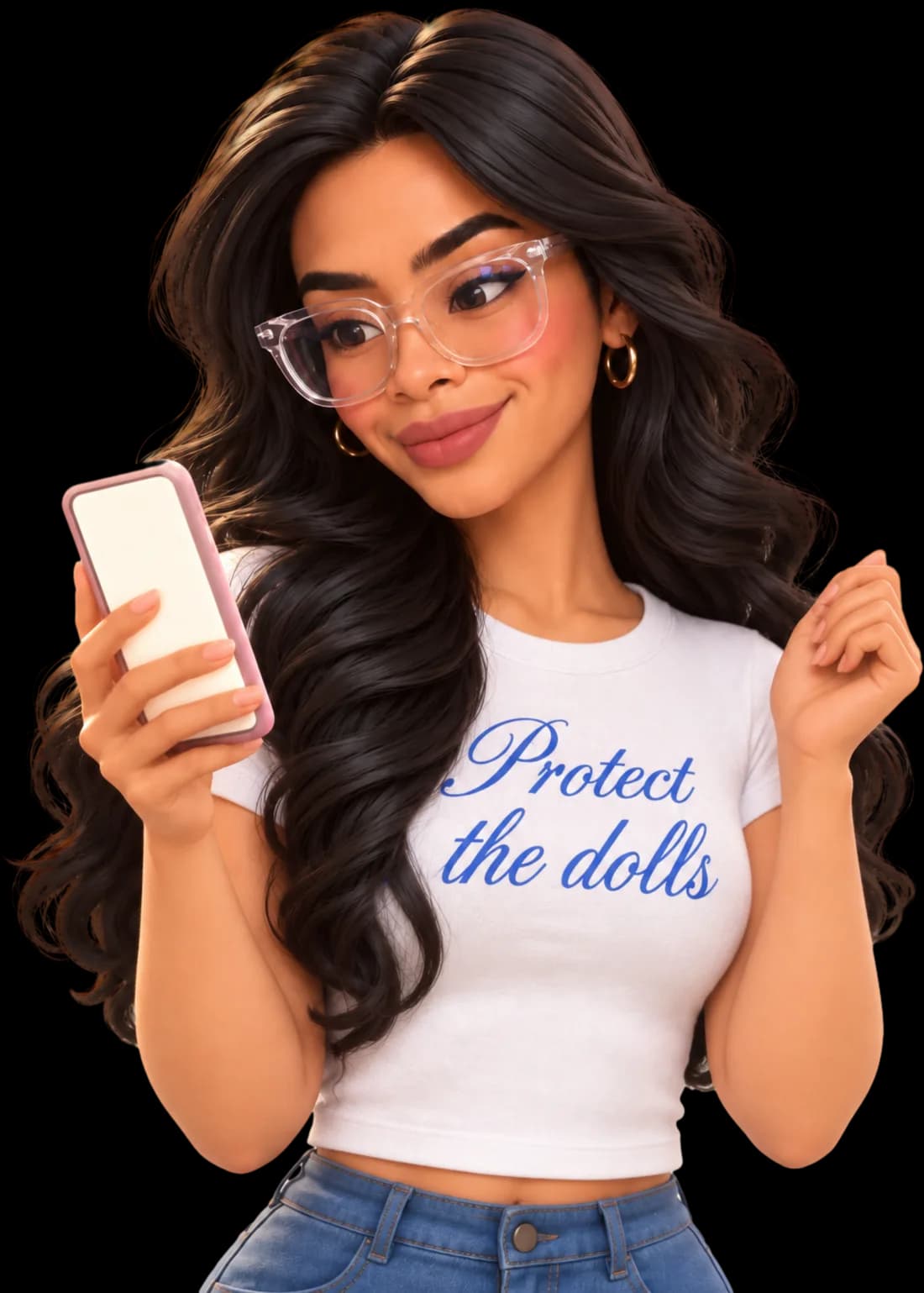 A 3D cartoon of Emcy smiling at her phone